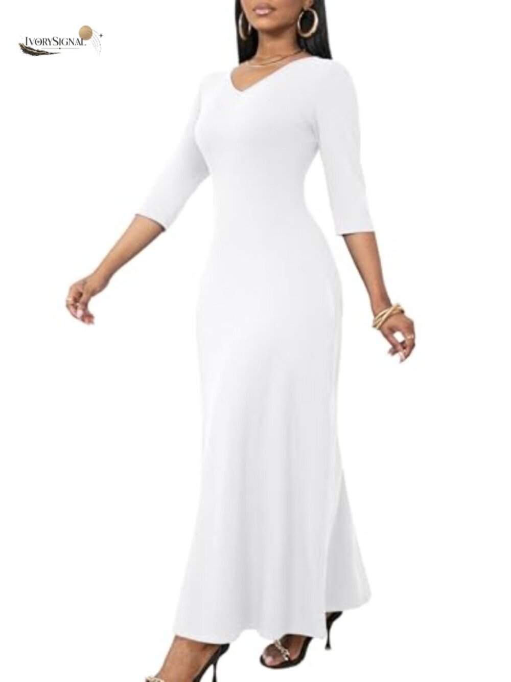 Women Maxi Dress 3/4 Sleeve V Neck Loose Long T Shirt Casual A-Line